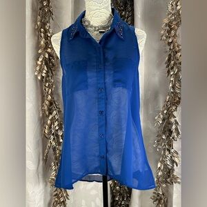 Material Girl‎ Blue Sleeveless Sheer Blouse L Studded Collar Hi-Low Hem